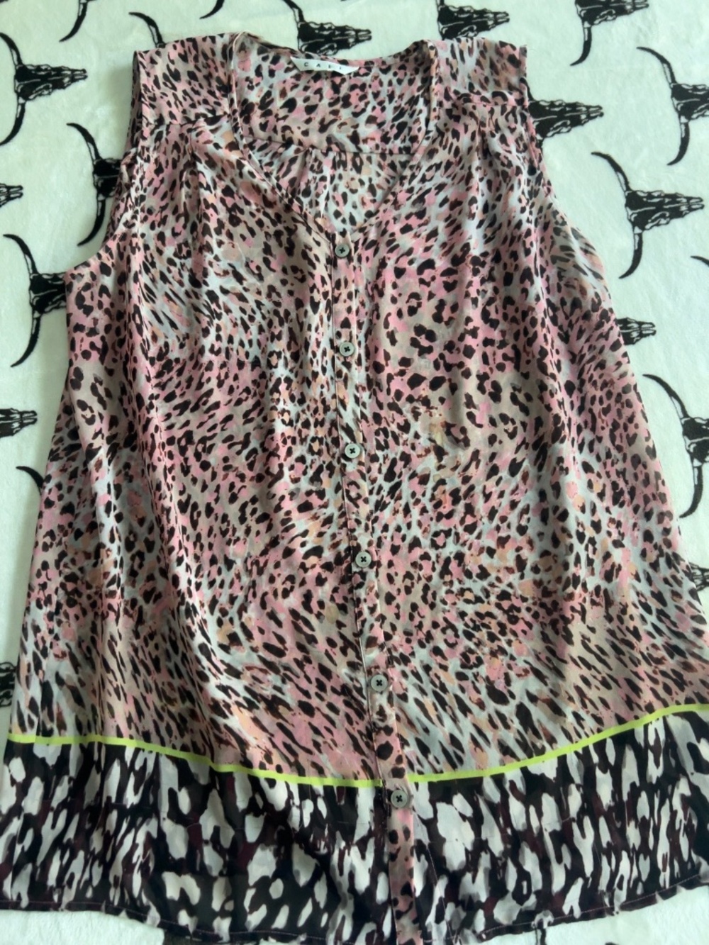 CAbi Beguile Blouse Pink Animal Print Sheer Sleeveless Top Large